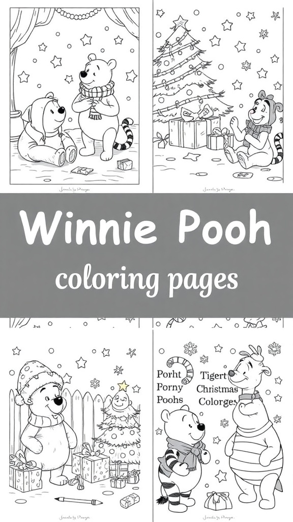Winnie the Pooh characters celebrating Christmas in various coloring pages.